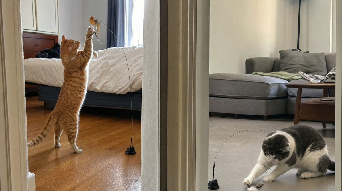 Split view: confident cat leaping for her own Whiskertons bird toy in one room, quieter cat crouched over her own bird toy in another room